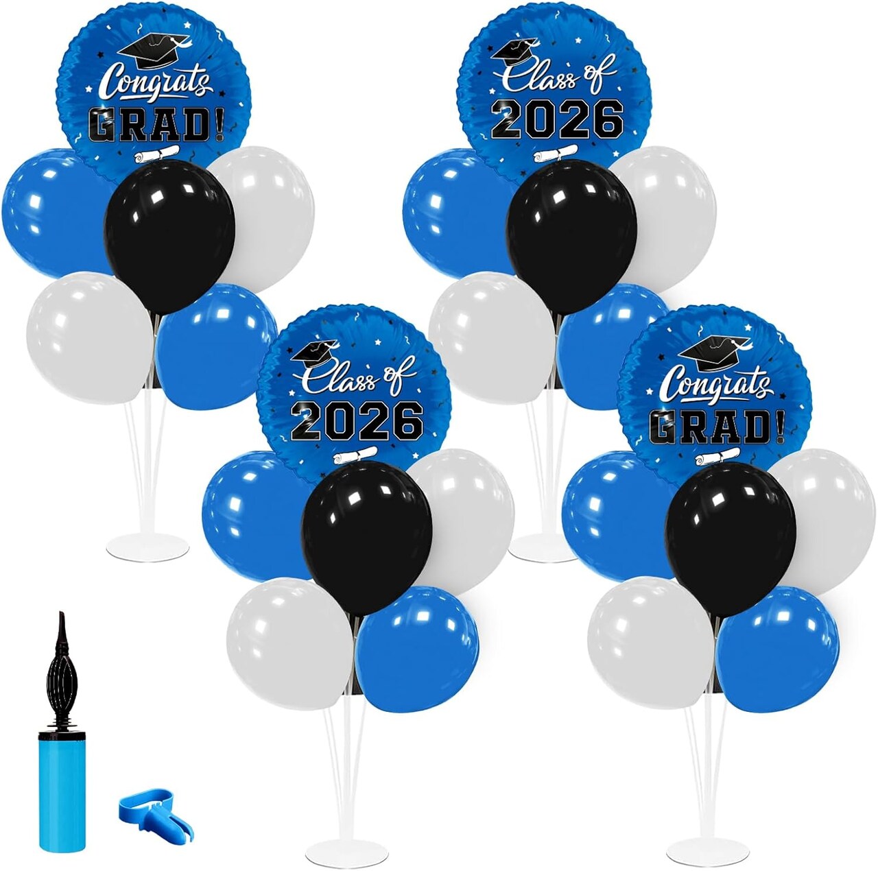Graduation Party Balloons 2026 – Blue & Black Balloon Stand Table Centerpiece Set (4 Kits) for Class of 2026 Decorations